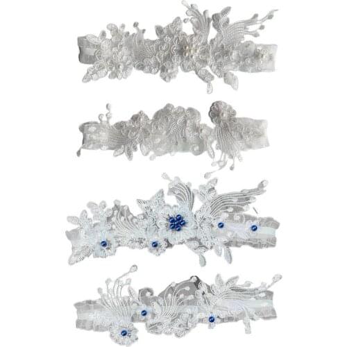 Womens Handmade Floral Lace Mesh Applique Thigh Rings Set Imitation Pearl Beaded Embellished Bridal Wedding Elastic Leg Garters