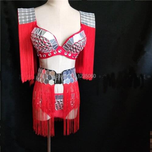 Red ballroom dance bikini dj sexy dress outfit singer stage show wears prom silver mirror costume catwalk performance bar clothe