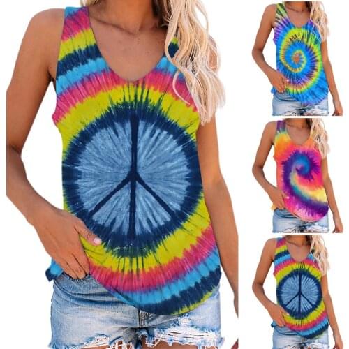 Fashion tie dye print sleeveless vest casual round neck womens top summer new 2021 free shipping womens wear,топик женский