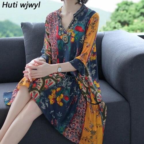 2021 New Vintage Floral Silk Boho Midi Dresses Summer Korean Plus Size Print Bodycon Beach Sundress Elegant Women Party Vestidos
