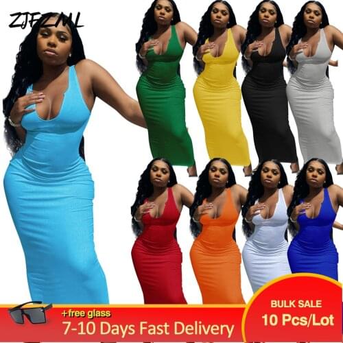 Wholesale Bulk Items Lots Women Long Maxi Dresses U-neck Knitted Sleeveless Bodycon Dress Early Autumn Solid Clubwear Vestidos