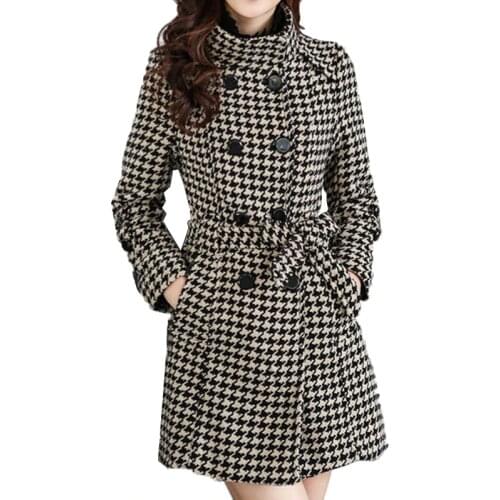 Autumn Winter Plus Size Temperament Trench Coat Women Stand Long Section Lattice Windbreaker Coat Womens Casual Overcoat E020