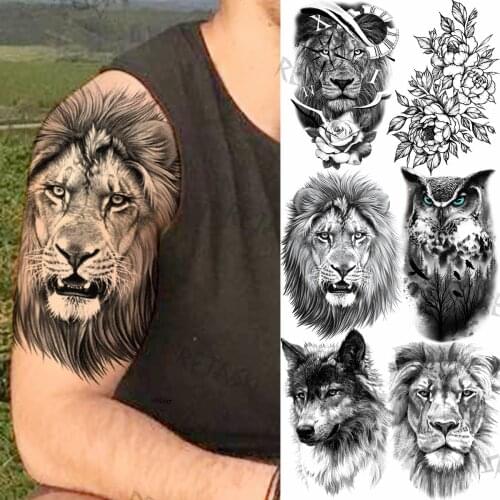 Realistic Water Transfer Lion Temporary Tattoos For Men Adults Dahlia Owl Wolf Fake Tattoo Sticker Waist Tatoos Arm Thigh