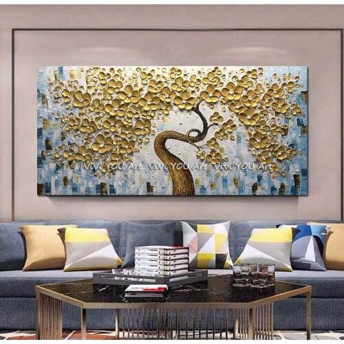 Hand painted Flower oil painting 3Dflower Picture Abstract art Handmade Modern Gold tree Oil Painting Home Decor for Living Room