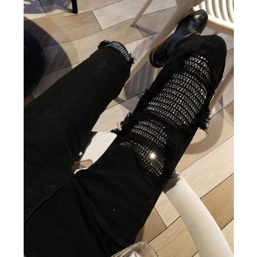 Spring Autumn Plus Size Hole Sequined Jeans Women Streetwear High Elastic Stretch Skinny Pencil Pants Female Denim Trousers