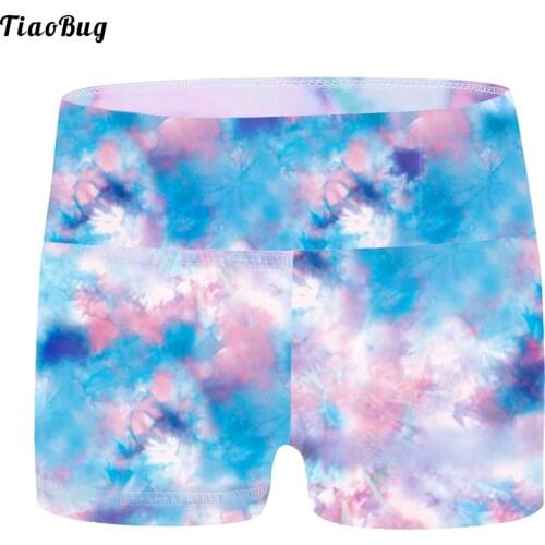 TiaoBug Summer Kids Girls Boy-Cut High Waist Dye Print Dance Shorts Bottoms Activewear For Sports Gymnastic Workout