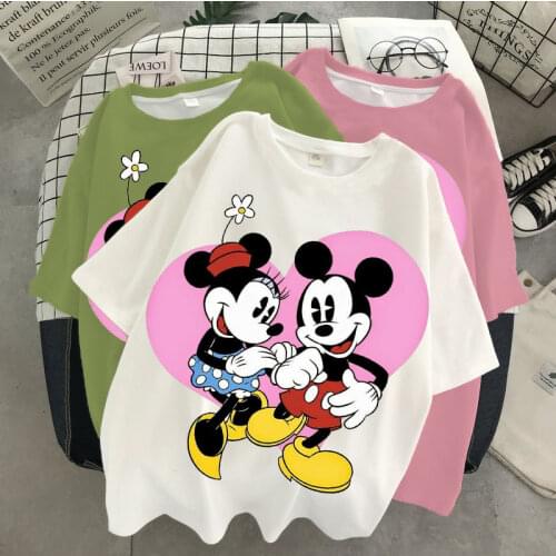 Disney Womens Harajuku Short Sleeve Mickey Minnie Top Plus Size Womens T-Shirt Clothing Cartoon Print Kawaii T-Shirt