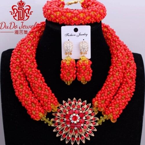 Amazing African Nigerian Wedding Bridal Brand Jewelry Set Luxury Beads Necklace Womens Dubai Gold Red Pin Jewellery Set 2017