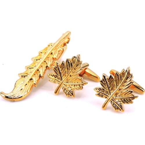 XKZM Classic stripe Luxury Men Cufflink and Tie Clip Set Golden maple leaf Tie Clips Set Brand Business Shirt Cuff Links Bar Set