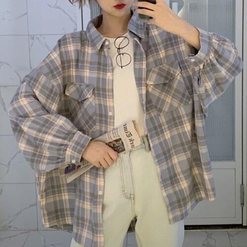 Women Oversized Button Down Shirt Long Sleeve With Flap Pocket Plaid Shirts School Girl Harajuku Vintage Tops