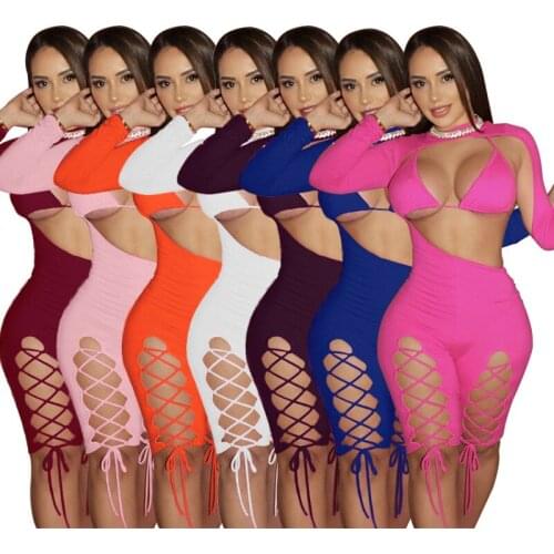 Backless Bandage Rompers Women Sexy Y2K Bra Long Sleeve Hollow Out Matching Outfits Female Solid Party Streetwear Hot