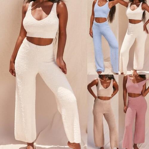 Women Autumn Backless Crop Top Vest Pants Plush Two Piece Outfit Matching Set