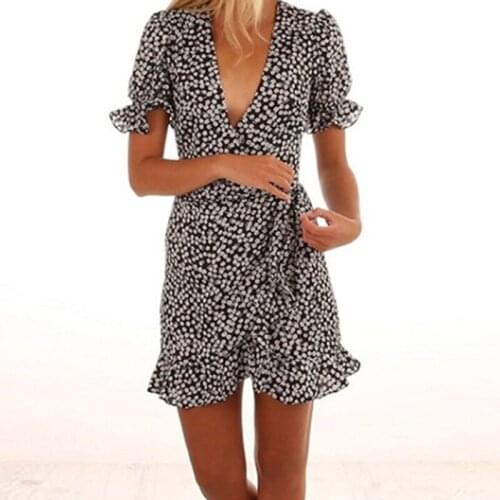 Women Summer Beach Dress Boho Style Floral Mini Dress Short Ruffle Sleeve V Neck Evening Party Dress