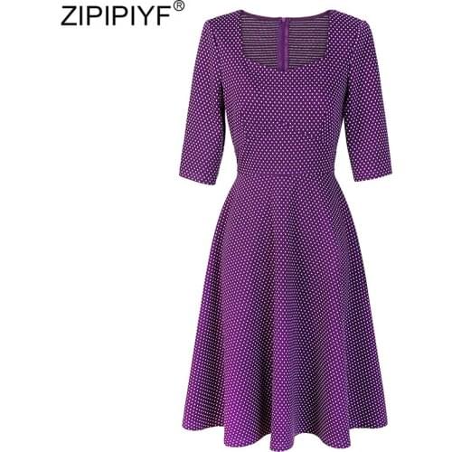 2020 Women Vestidos Office Ladies Square Collar Polka Dot Vintage Summer A-Line Women Fashion 3/4 Sleeve Slim Midi Dress Female