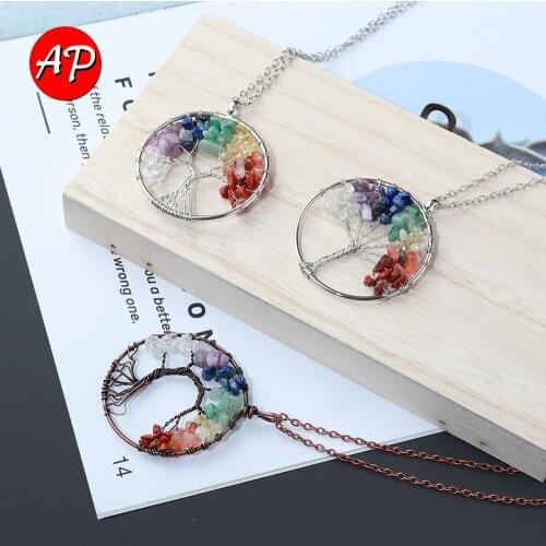 1pc Natural Quartz Seven Color Gem Crystal Pendant Tree of Life Necklace Energy Conversion Clothing Accessories