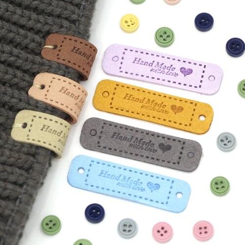20Pcs Handmade Labels For Clothes Leather Label Tags For Handmade With Love Sewing Crafts Hand Made For Hats Bags Shoes 56*15MM