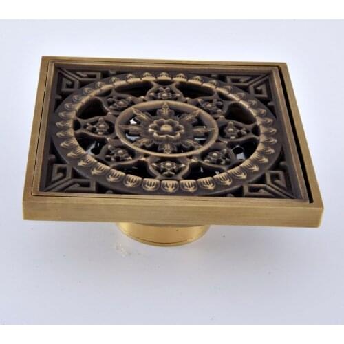 Antique Brass Vintage Retro Carved Flower Pattern Bathroom Shower Drain 4" Square Floor Drain Waste Grates ahr067