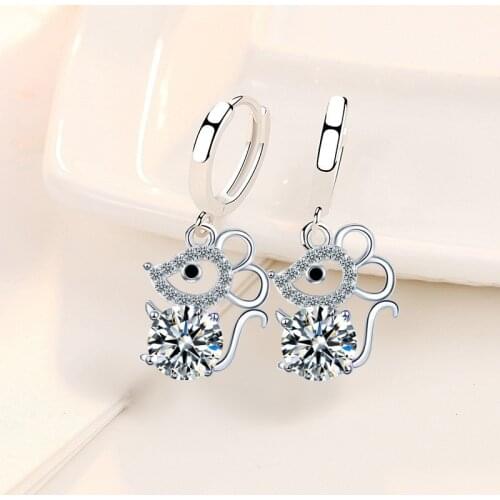 White Round Crystal Cute Small Mouse Drop Earrings Blue Pink Zircon Animal Earrings For Women Wedding Jewelry Dangle Earrings