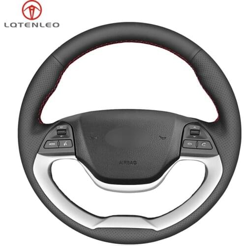 LQTENLEO Black Genuine Leather DIY Car Steering Wheel Cover For Kia Morning 2011-2016 Picanto 2011-2015 Ray EV 2012-2018