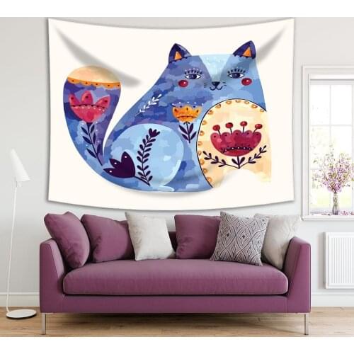 Tapestry Decorative Cat with Pattern of Flowers and Plants Watercolor Art Printed Blue Purple Yellow