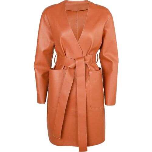 YOLOAgain women genuine leather jacket ladies V-neck long real leather trench coat