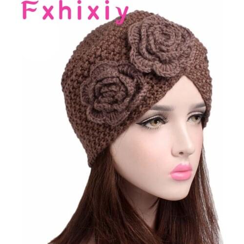 Muslim Winter Wool Knit Warm Rose Flower Turban Hat Cancer Chemo Beanie Sleep Headwear Headwrap Cap