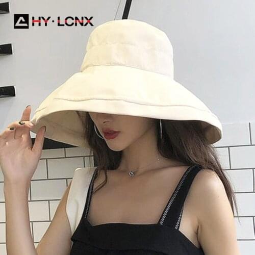 Summer New Cotton Breathable Big Brim Solid Color Fashion Bucket Hat Women Outdoor Travel Adjustable Sun Fisherman Hat