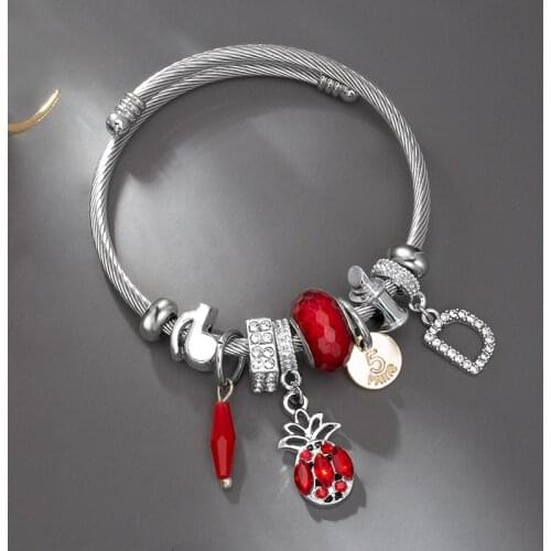 Luxury Crystal Pineapple Stainless Steel Cuff Bangles Fashion Jewelry Letter D Coin Number Charm womens hand bracelets 2021 New