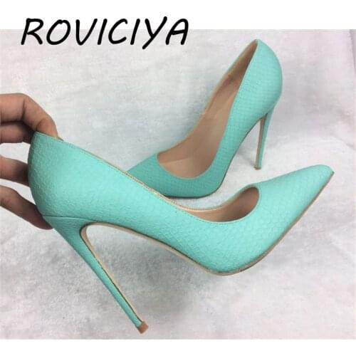 Green PU leather Ladies Shoes 12 cm Thin Heels Womens Shoes Shallow Slip On Women Pumps Party Shoes YG010 ROVICIYA
