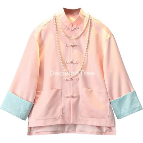 2021 chinese style three quarter sleeve tang suit qipao tops women casual loose blouse retro satin tang shirt coat outerwear