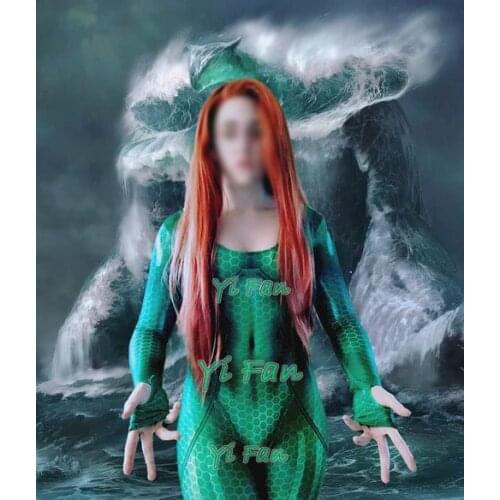 Mera Woman Cosplay Costume 3D Print Spandex Superhero Costume Zentai Catsuit for Girl Halloween Costume Hot Sale