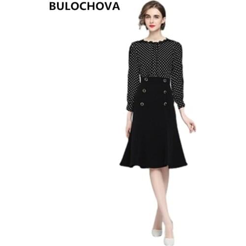 2021 Autumn Designer Women Fashion Long Sleeve Knee Length Dress Ladies Black Dot Patchwork High Waist Slim Vestidos Femme XXL