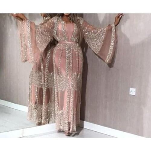 2 pieces Sets Spring 2020 New Sequins Dress Women Sexy Lace Long Sleeve Evening Party Dresses Elegant Maxi Sexy Dress Robe Longu