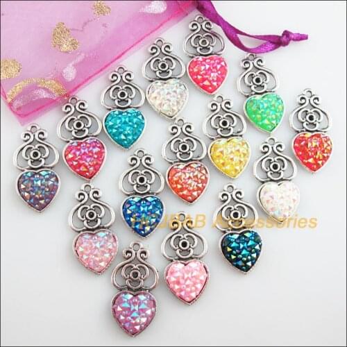 15 New Flower Charms Tibetan Silver Tone Retro Mixed Heart Resin Pendants 14x28.5mm