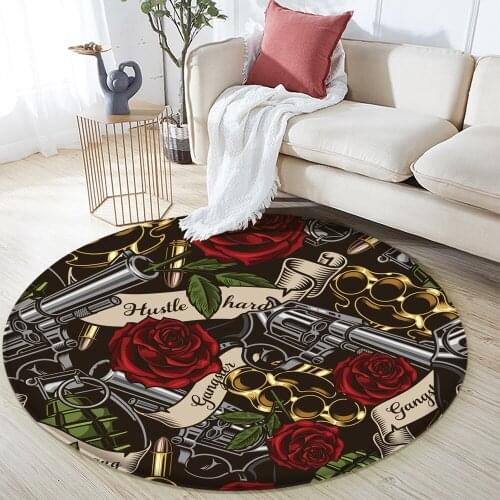 2022 Tapis Salon Floral Skull Non-slip Flannel Area Rug Bedroom Bone Round Rug Black White Floor Mat Floral Decoration Mat