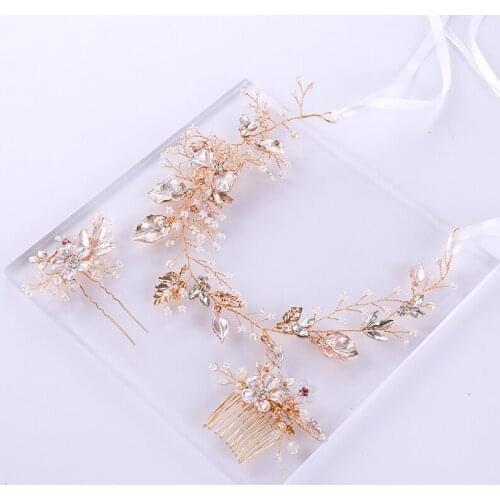 3 Pcs Fashion Handmade Gold Tiara Headbands For Wedding Women Crystal Flower Hair Combs And Pins Hairbands Bridal Hair Jewelry
