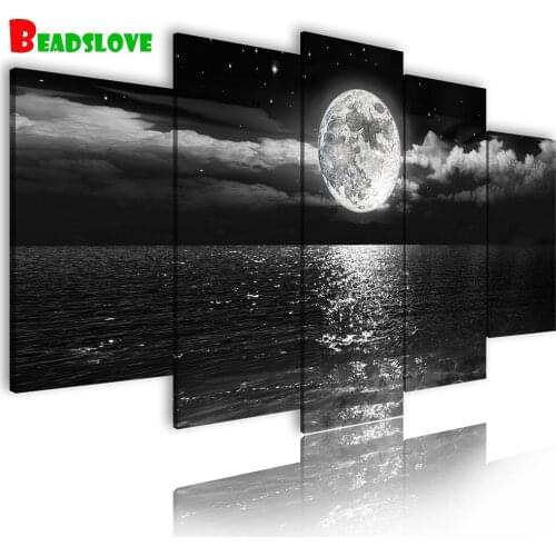 Black white sea moon landscape 5pcs Diamond painting Multi Pane Diamond patterns,full round/square embroidery 5D DIY B40