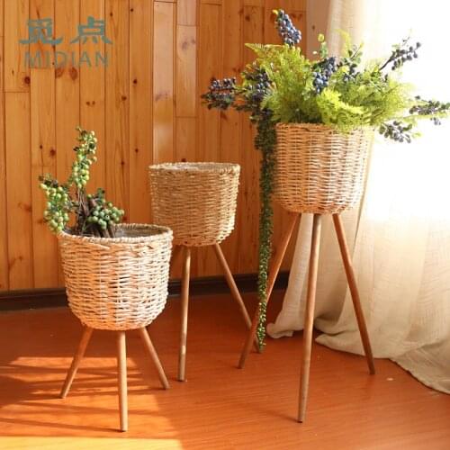 Wooden floor stand high and low flower pot frame straw flower basket floor decoration living room balcony simple garden