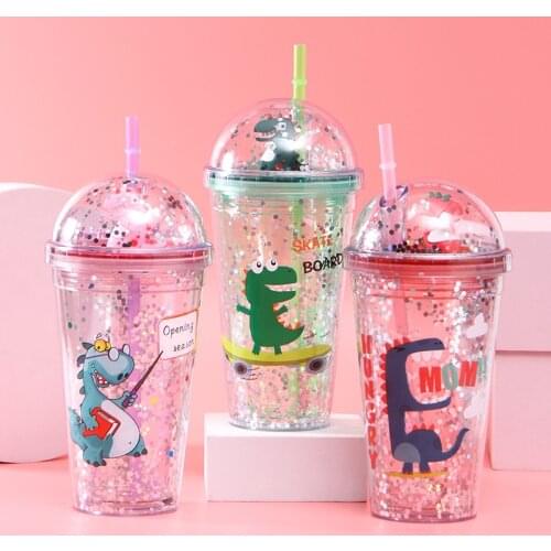 Childrens Plastic Cup Cute Cartoon Double Water Bottle Creative Fun Dinosaur Straw Cup Student Portable Transparent Ice Cup