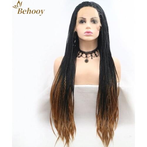 Two Tone Braided Box Braids Wigs For Women Long Synthetic Lace Front Wig Ombre Brown/Grey/Red Heat Resistant Hair Cosplay Wig