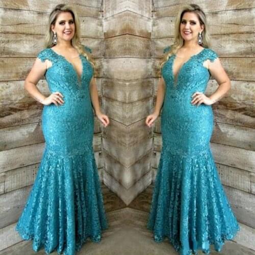 Elegant Lace Mother Of The Bride Dresses 2020 Plus Size Short Sleeve Deep V Neck Mermaid Wedding Party Formal Evening Dress