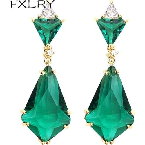 FXLRY New irregular green crystal cubic zircon geometric earrings drop earring for Women Bridals Wedding Party Jewelry