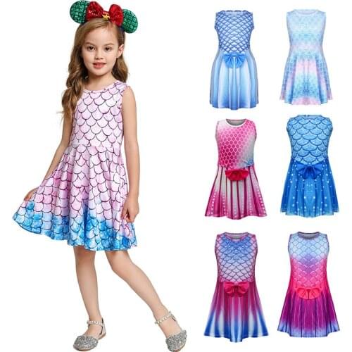 Little Mermaid Costume Headhand Girls Summer Holiday Casual Dress Christmas Fish Scale Printed Sleevless Dresses