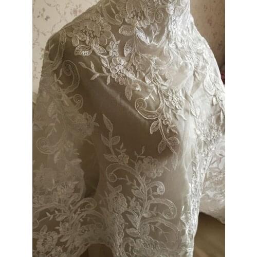Ivory Alencon Lace Fabric Floral Wedding Lace Fabric Dress Coat Fabric 17 Inches Wide 1 Yard