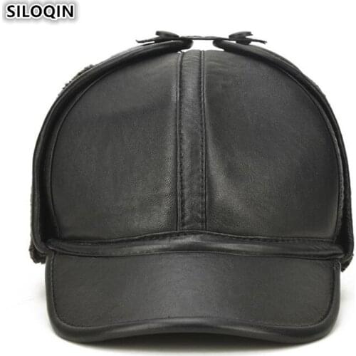 SILOQIN New Genuine Leather Cap Adult Mens Warm Thick Fur Hat Bomber Hats Men Velvet Sheepskin Leather Earmuffs Hat Brands Caps