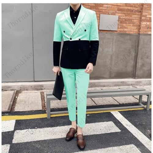Thorndike Splice Contrast Party Suits Mint Green and Black Men Slim Fit Suits Prom Doube Breasted Suit Costume Homme