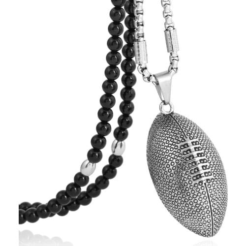 Men Black Natural Stone Bead Necklace,Stainless Steel Rugby Pendant Necklace Fashion Exercise Jewelry