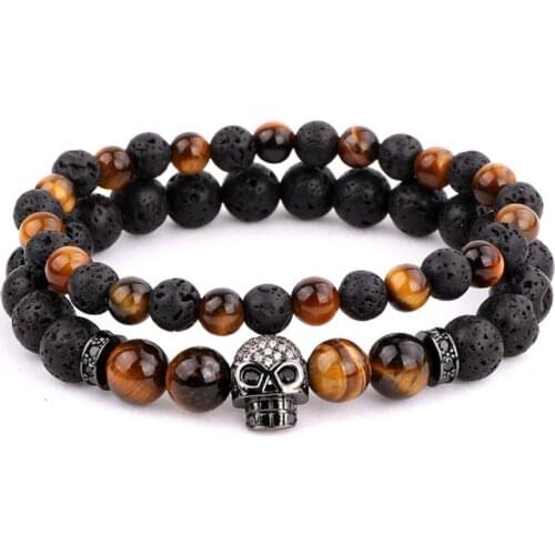 Fashion New design natural stone tiger eye lava rock stone CZ skull charm bracelet set men