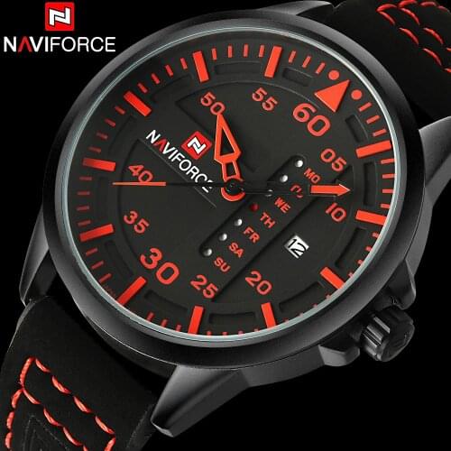 NAVIFORCE Fashion Sports Men Quartz Watches Leather Strap Luxury Brand Watches Man Red Dials 30M Waterproof Relogio Masculino