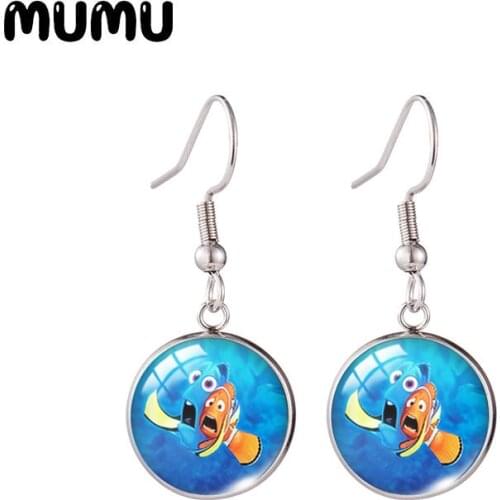 2021 New Finding Dori Nemo Fish Hook Earring Lovely Photo Round Jewelry Glass Dome Earrings Gifts Girl